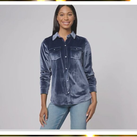 NWT Denim & Co. Canyon Retreat Long Sleeve Snap Front Velvet Top - Navy - Large - Picture 1 of 3